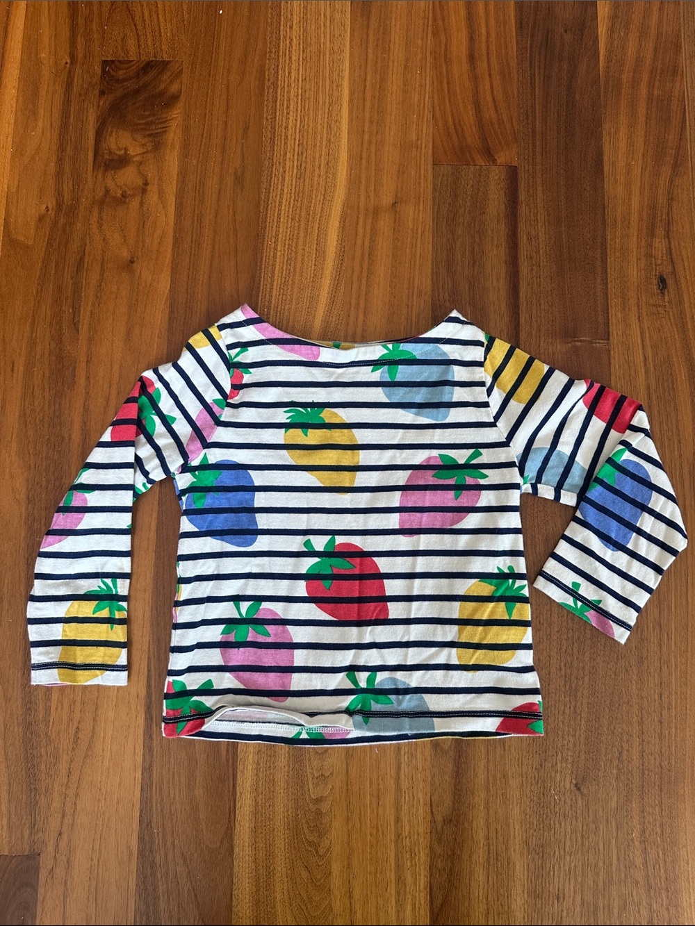 Mini Boden Navy-Striped Long Sleeve Top with Colorful Fruit
